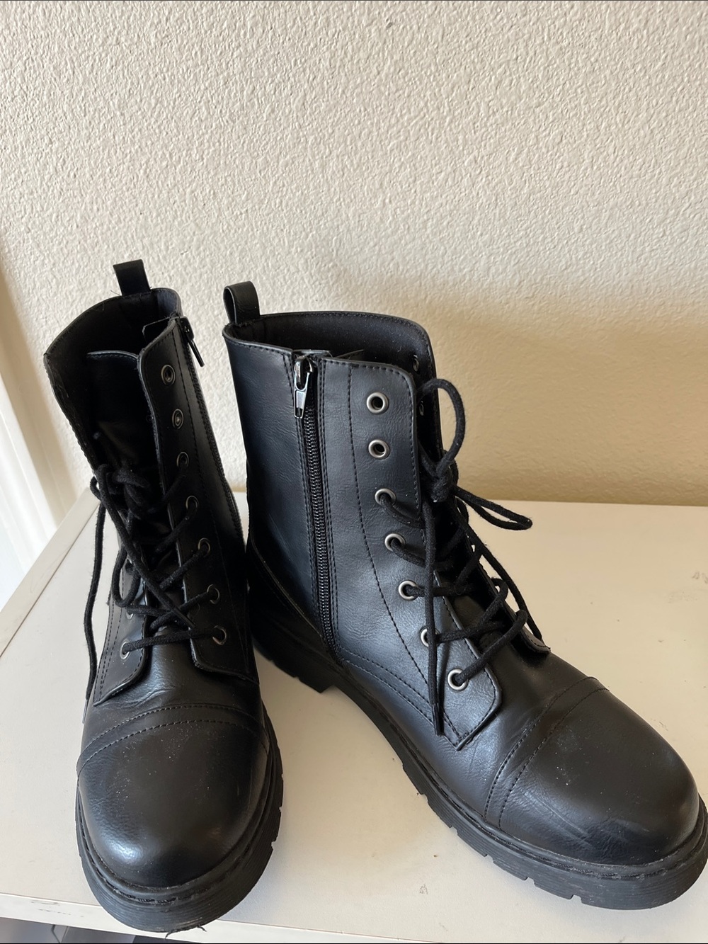 Black Arizona Lace-Up Combat Boots with Side Zipper